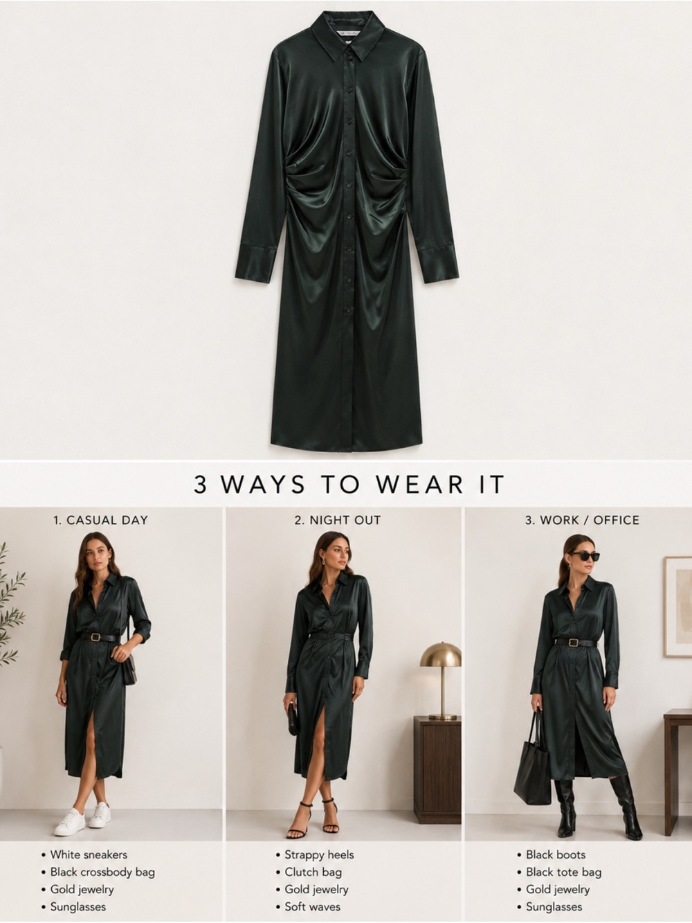 Zara Dark Green Satin Long-Sleeve Midi Dress
